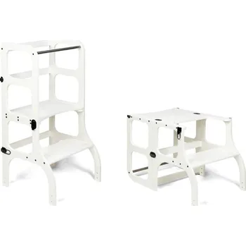 učicí věž Ette Tete STEP’n’SIT® Montessori učící věž / stoleček 2v1, bílá-Patinované mosazní kování