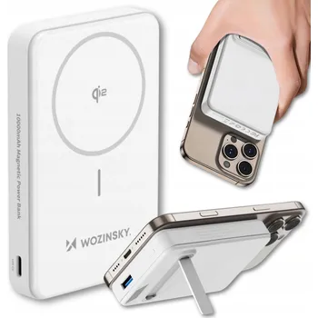 Powerbanka Powerbank Wozinsky 10000 mAh s indukčním nabíjením QI2, certifikovaný, se stojánkem, bílý