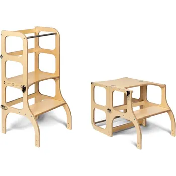 učicí věž Ette Tete STEP’n’SIT® Montessori učící věž / stoleček 2v1, přírodní-Stříbrné kování