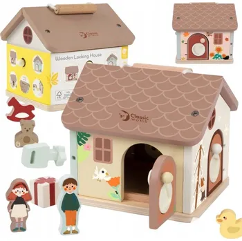Dřevěná hračka DŘEVĚNÝ DOMEČEK PRO PANENKY S MONTESSORI ZÁMKY A KLÍČI 11 dílů 18m+ CLASSIC WORLD
