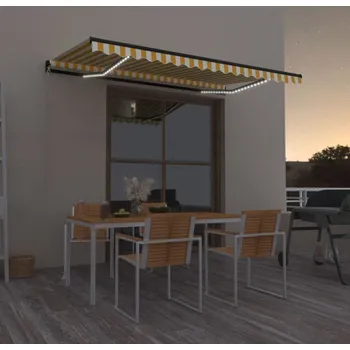 Stínicí technika vidaXL Ručně zatahovací markýza s LED světly 450 x 350 cm [3069205] Barva: Žluto-bílá
