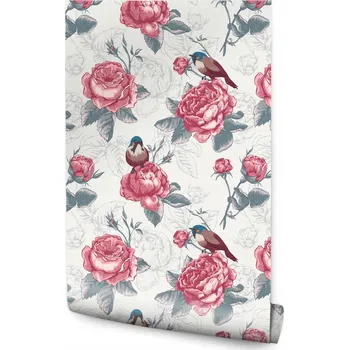 Fototapeta Tapeta na zeď KVĚTY Pivoňky Růže Ptáci Vintage Styl Rostliny Listy