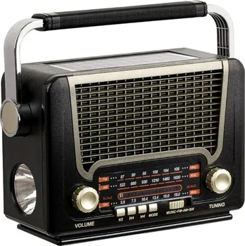 Radiopřijímač Solární retro rádio s napájením ze sítě + baterie, USB, Bluetooth Stříbrno-černé