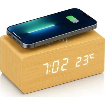 Budík Interlook Dřevěné digitální hodiny s LED displejem a 10 W bezdrátovou nabíječkou | Budík se 3 alarmy a teploměrem | SXM-017