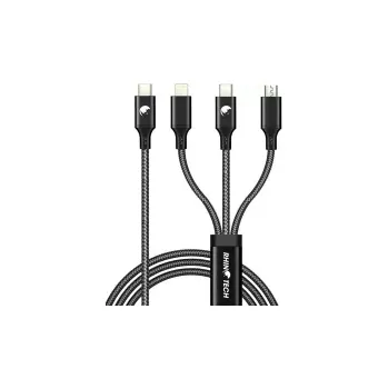 Datový kabel opletený nabíjecí a datový kabel RhinoTech 3v1 USB-C/microUSB+Lightning+USB-C FastCharge 3A černá 1.2m černá RTACC477
