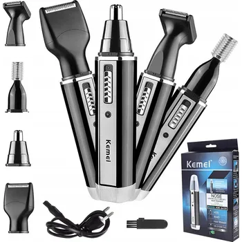 Strojek na vlasy Zastřihovač 4v1 na vousy, vlasy, nos a obočí KEMEI, 4 nástavce + kartáček