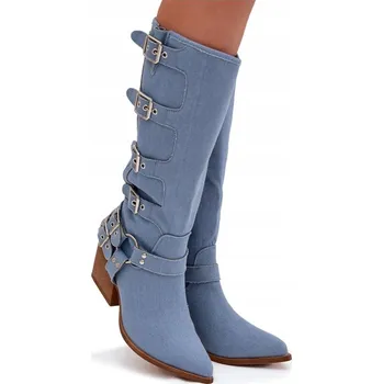 Dámské kozačky DÁMSKÉ LÁTKOVÉ KOZAČKY KOVBOJSKÉ BOTY S PÁSKY A PŘEZKAMI NA ZIP, DŽÍNOVÉ - VELIKOST 36