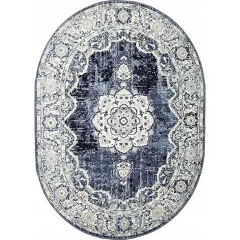 Koberec OVÁLNÝ KOBEREC VICTORIA ORNAMENT TMAVĚ MODRÝ BÉŽOVÝ KRÉMOVÝ S KVĚTINAMI 200x290 cm