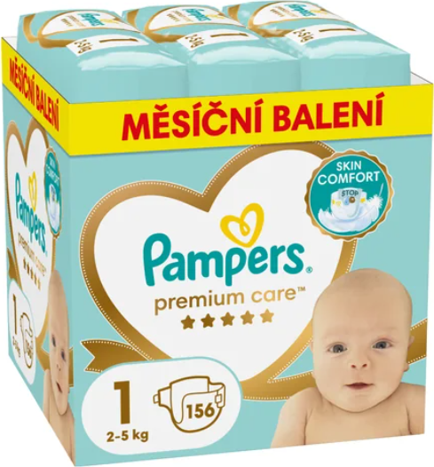 Pampers Premium Care 1 New born (2–5 kg) 156 ks - měsíční balení