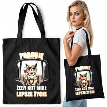 Černá bavlněná nákupní taška – KOČKA, LEPŠÍ ŽIVOT, AUTO, VÍNO