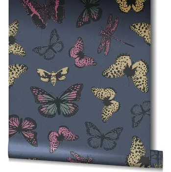 Tapeta Tmavě modrá tapeta pro děti - barevné motýlky, vinylová