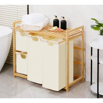 Koš na prádlo IEGROW Koš na prádlo 3 přihrádky 150L Bambusový vozík na prádlo Béžový