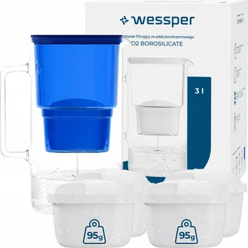 Filtrace vody Filtrační konvice skleněný Wessper D2 BOROSILICATE 3l modrý + 5x filtr