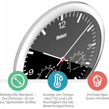 Hodiny MEBUS Nástěnné hodiny Quartz s teploměrem a vlhkoměrem, 25 cm, stříbrné