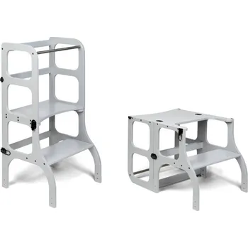 učicí věž Ette Tete STEP’n’SIT® Montessori učící věž / stoleček 2v1, šedá-Patinované mosazní kování