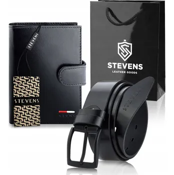 Peněženka Kožená peněženka STEVENS Černá RFID Kožený Opasek Dárková taška 100