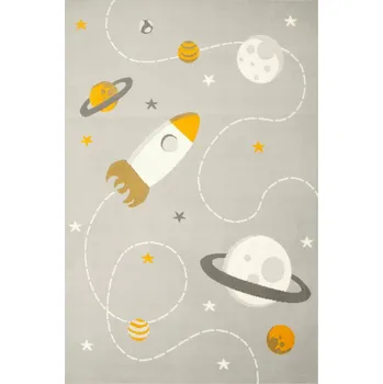 Koberec ŠEDO-ŽLUTÝ DĚTSKÝ KOBEREC S RAKETAMI, PLANETAMI A GALAXIÍ, KIDS 120x170 cm