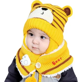 Šála Dětská zimní čepice a nákrčník s medvídkem žlutá