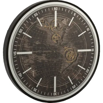 Hodiny Černé dřevěné veliké nástěnné hodiny mapa světa World - Ø 80*8 cm