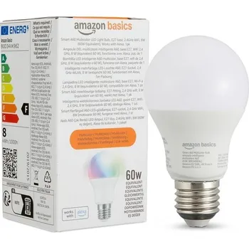 Stojací lampa Inteligentní LED žárovka Amazon Basics A60, změna barvy, E27, 2,4 GHz Wi-Fi, 8 W (ekvivalent 60 W),