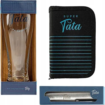Sklenice DÁREK PRO TATÍNKA SKLENICE NA PIVO KAPESNÍ NŮŽ KUTILSKÝ SET V KABELCE