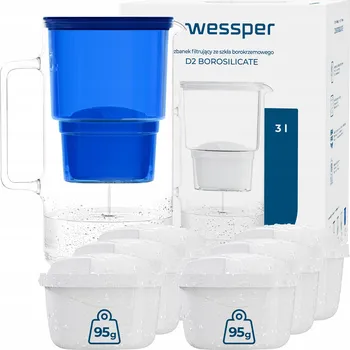 Filtrace vody Filtrační konvice skleněná Wessper D2 BOROSILICATE 3 l modrá + 7x filtr