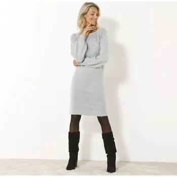 Dámské šaty Pulovrové šaty s ažurovým vzorem šedý melír 50