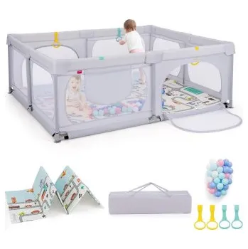 Dětská zábrana Dětská ohrádka s matrací UY10097GR, světle šedá - B COSTWAY