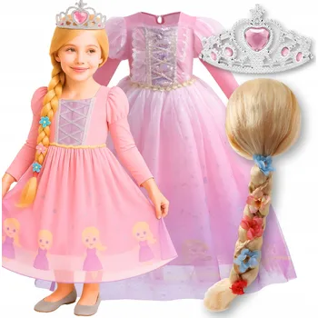 Karnevalový kostým KOSTÝM KOSTÝM ŠATY RAPUNZEL ZLATOVLÁSKA KORUNA PARUKA SET 122 128