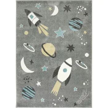 Koberec KOBEREC ŠEDÝ PRO DĚTI KOSMOS RAKETY HVĚZDY ŠEDÝ MĚSÍC LIMA 80x150 cm