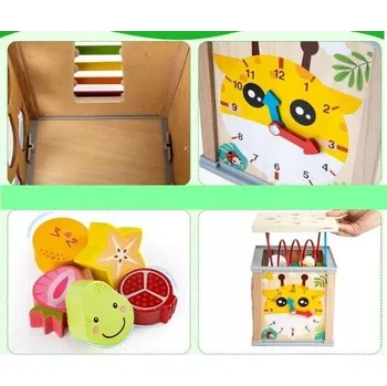 Dřevěná hračka Dřevěná edukační kostka Montessori – třídič, proplétadlo, xylofon a další, 7v1
