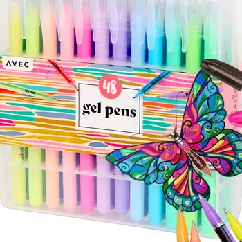 Gelové propisky barevné brokátové školní Avec sada 48 kusů organizér