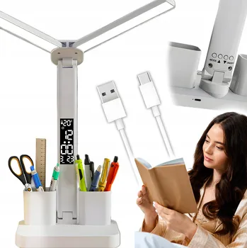 Lampička Dvojitá LED stolní lampička s displejem, hodinami, organizérem, teplotou a datem 6v1