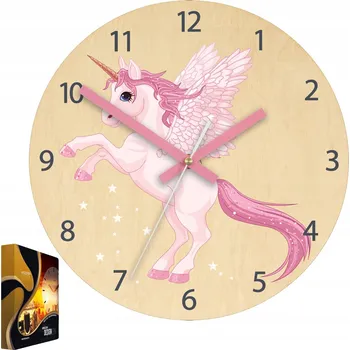Hodiny Nástěnné hodiny z březové překližky s akrylovým jednorožcem, růžové, Kulatý