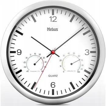 Hodiny MEBUS Nástěnné hodiny quartzové 25 cm s teploměrem a vlhkoměrem, stříbrné