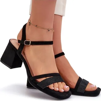 Dámské sandále DÁMSKÉ SANDÁLY NA PODPATKU (SLOUPEK) S LESKLÝM PÁSKEM ČERNÉ VEL. 37