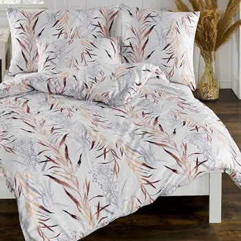 Povlečení Bavlněné Povlečení 200x220 satén 100% BAVLNA bílé s šedobéžovými lístky