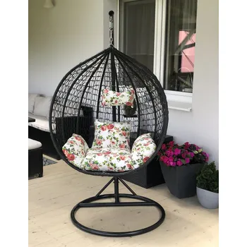 Křeslo Kvalitní černé závěsné křeslo s květinovými polštáři