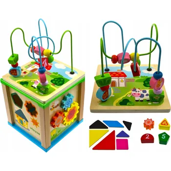 Dřevěná hračka Dřevěná Edukační Kostka 5v1 Labyrint, Tvary, Ozubená Kola, Hodiny, Počítání