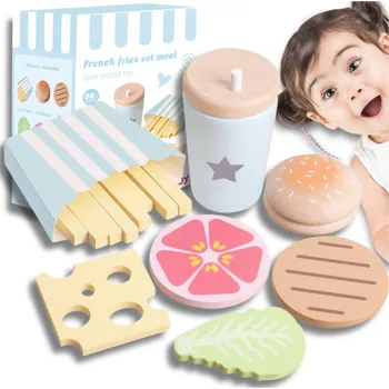 Dřevěná hračka Dřevěná Velká Sada Hamburger pro Děti Hračka Vzdělávací Hranolky Nápoj