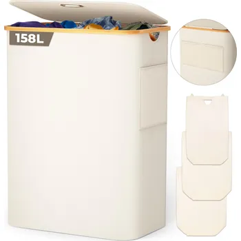 Koš na prádlo OUSFOT Koš na prádlo s víkem, 3 přihrádky, 158 l, s vakem, béžový