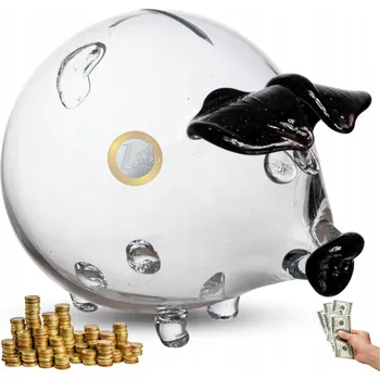 Obraz SKLENĚNÁ POKLADNIČKA PRASÁTKO XXXL – PRŮHLEDNÁ, ČERNÉ UŠI, RUČNĚ VYRÁBĚNÁ