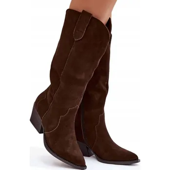 Dámské kozačky KOZAČKY KOVBOJSKÉ BOTY SEMIŠOVÉ KOŽENÉ NA PODPATKU ZATEPLENÉ ČOKOLÁDOVÉ 38