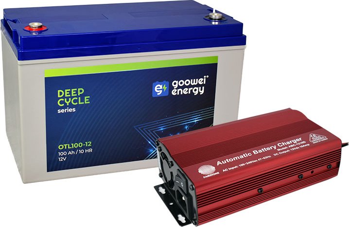 Set trakční baterie GOOWEI ENERGY OTL100-12 (100Ah) + nabíječka FST ABC-1210D (10A), 12V