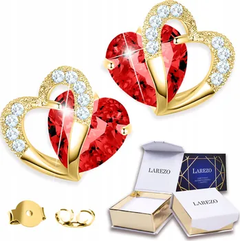 Náušnice Zlaté Náušnice s Rubínovými Krystaly ve Tvaru Srdce, Velké Červené Zirkony STŘÍBRO 925