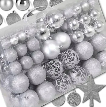 Vánoční dekorace VÁNOČNÍ BAŇKY NA VÁNOČNÍ STROMEČEK SADA XXL STŘÍBRNÉ 100 KS 6/4/3 CM + HVĚZDA
