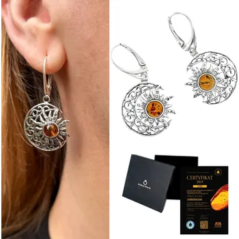 Náušnice VELKÉ Stříbrné náušnice s JANTAROVOU anglické zapínání SLUNCE MĚSÍC FILM