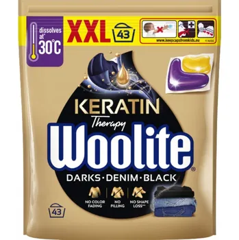 Prací prostředek Woolite Kapsle s Keratinem na Praní Tmavého Prádla, Černého a Jeans 43 ks