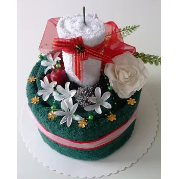 Bytová dekorace Veratex Textilní dort svícen tm.zelený/ bílý květ