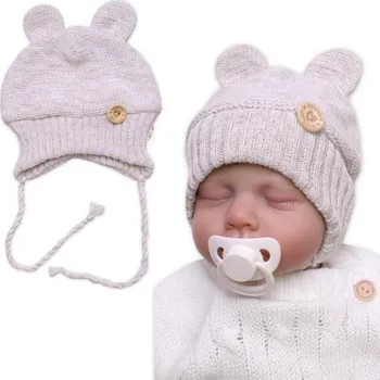 Dětská móda Baby Nellys Pletená čepice s oušky na zavazování Made with Love béžový melírek Vel. 80/86